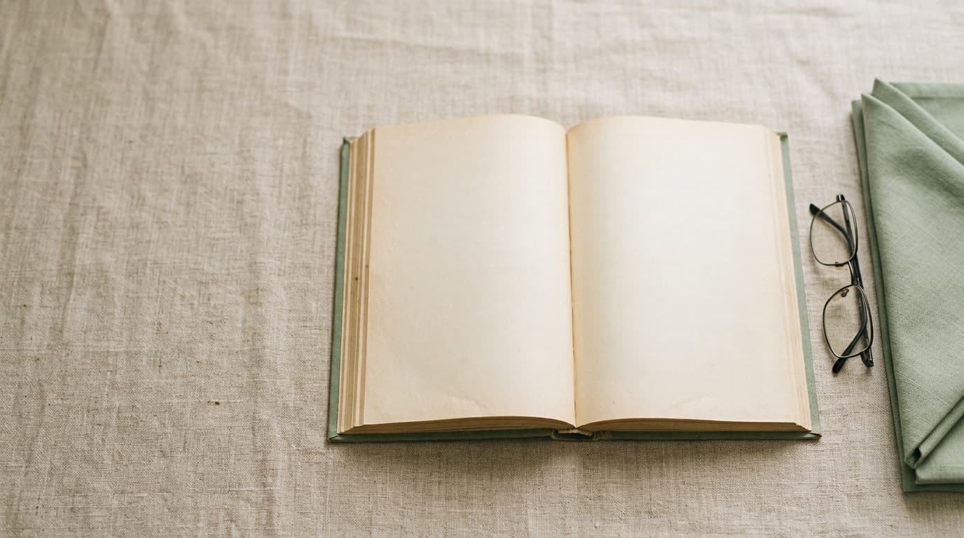 Buku terbuka di atas kain linen dilihat dari atas, kacamata baca dan sajadah terlipat di tepi bingkai