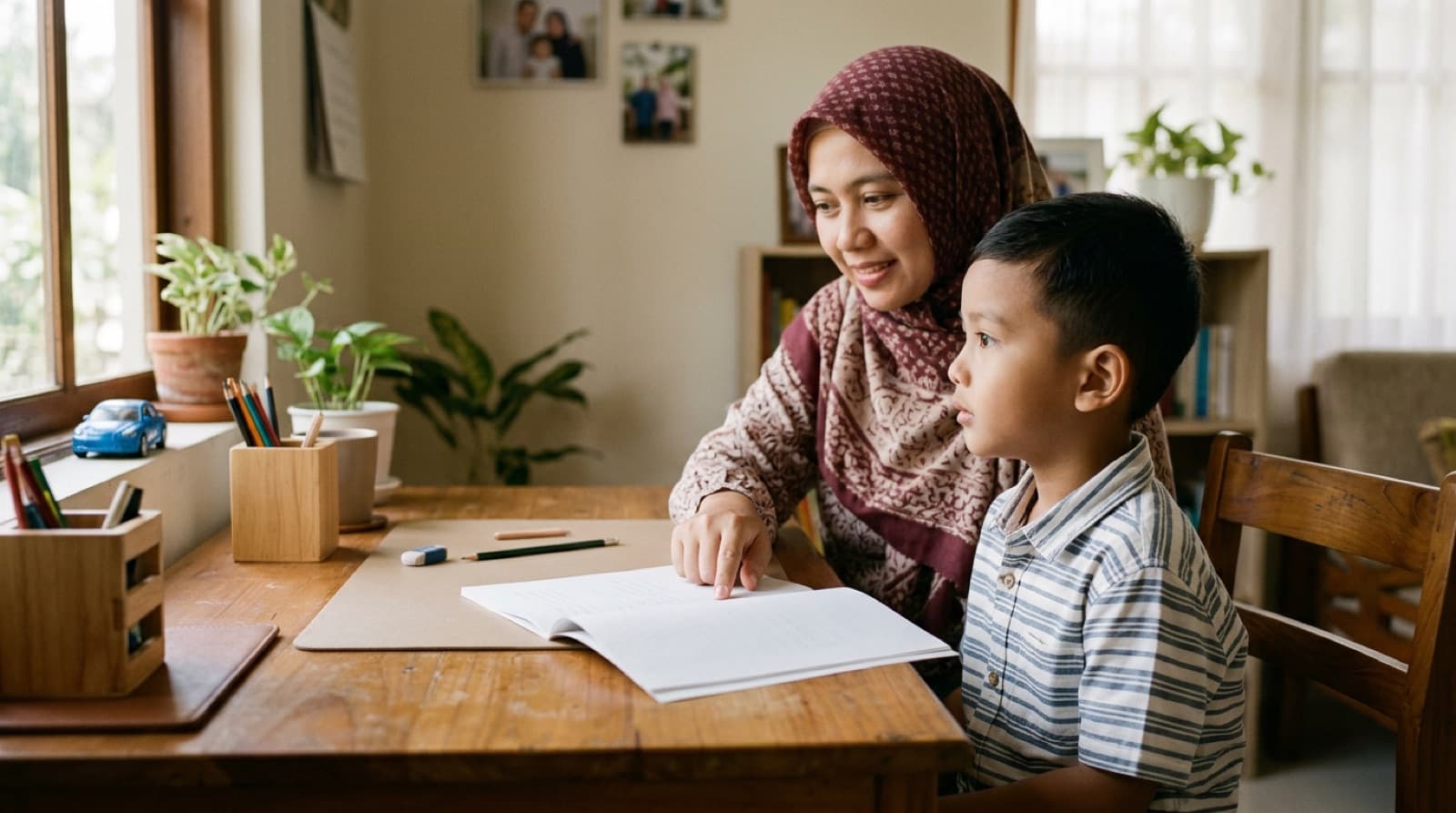 Anak belajar mengaji dengan tenang di meja belajar yang rapi tanpa distraksi