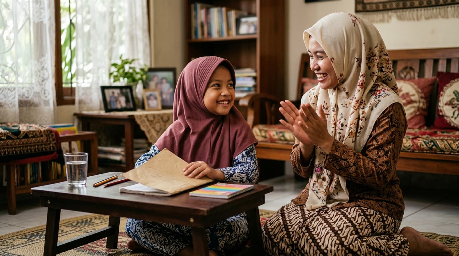 Ibu bertepuk tangan merayakan anak yang menuntaskan bacaan Iqronya