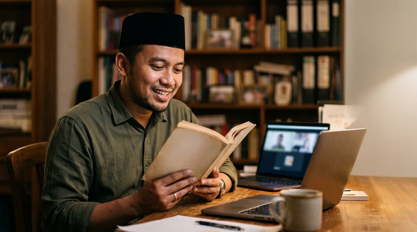 Laki-laki bersongkok membaca nyaring dari buku terbuka di depan laptop yang menampilkan kelas online