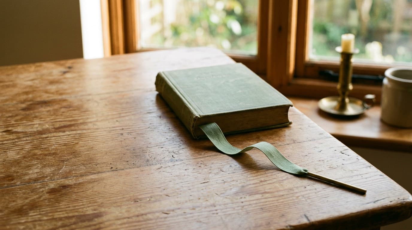 Pita pembatas terjulur dari buku bersampul hijau, satu batang kuningan pendek tergeletak di ujungnya