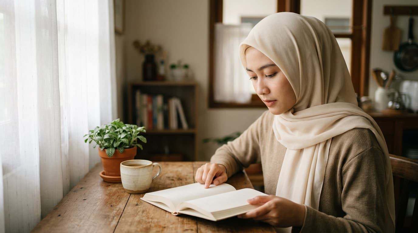 Perempuan berhijab krem membaca buku terbuka di meja kayu sambil menelusuri baris dengan ujung jari