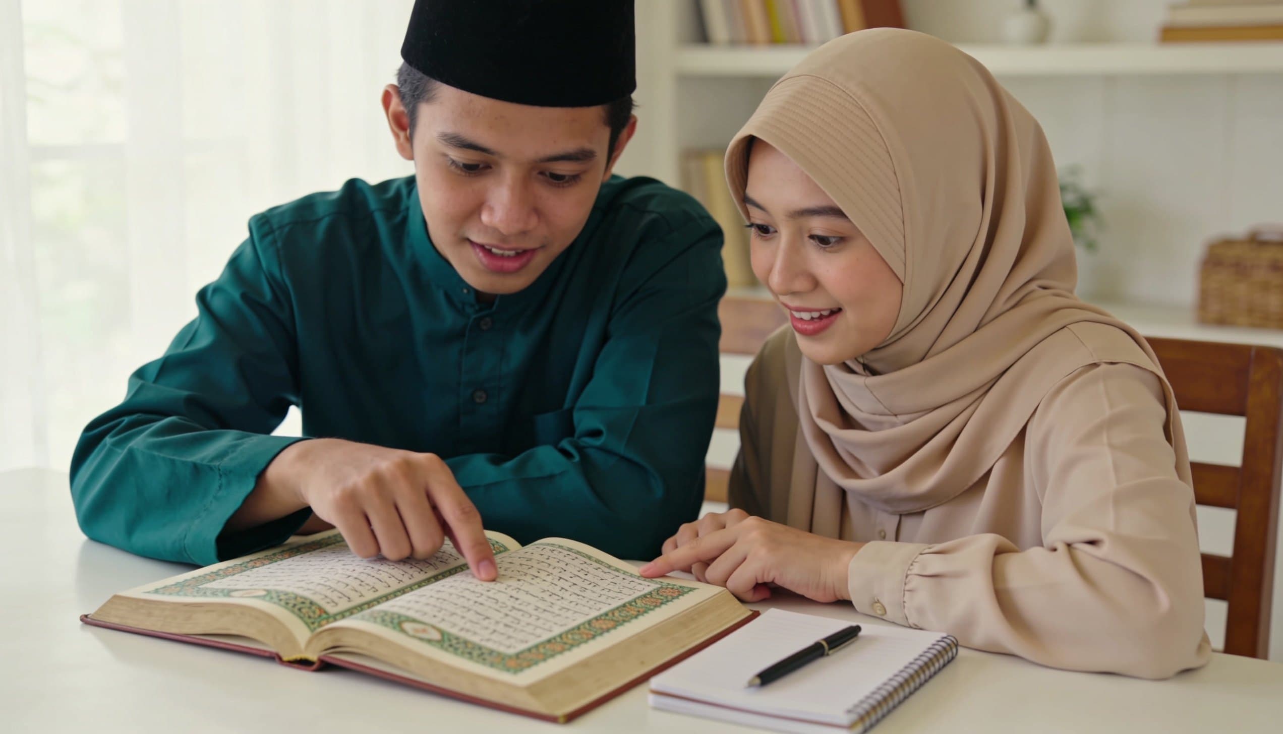 Mushaf terbuka di atas rehal kayu, cahaya pagi jatuh dari samping
