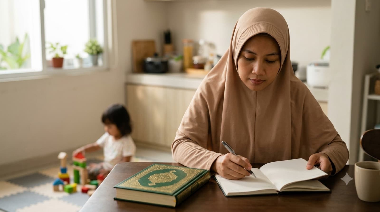 Seorang ibu belajar mengaji di meja sementara anaknya bermain di dekatnya