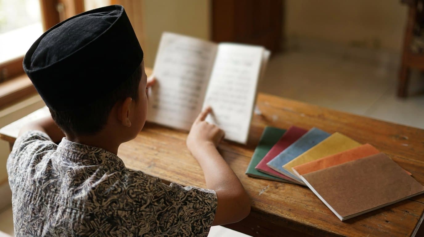 Anak belajar membaca dengan buku Iqro berjenjang di rumah