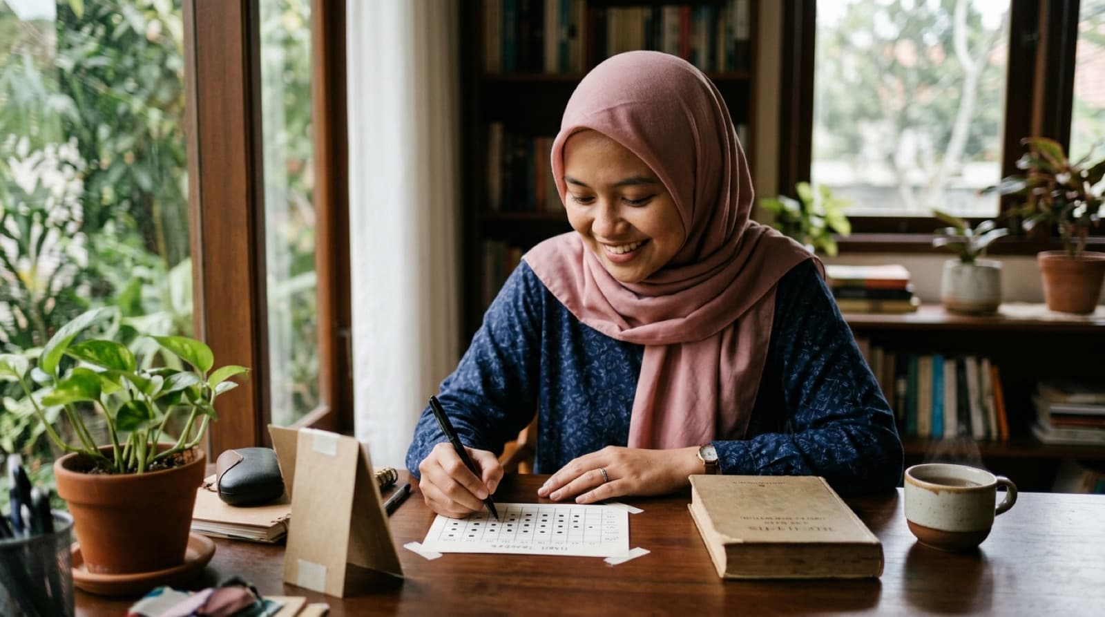 Mushaf dan penanda halaman di meja yang sama setiap pagi