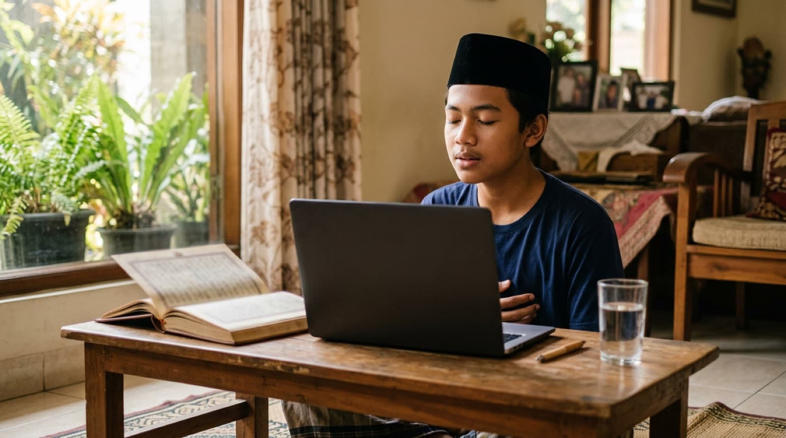 Remaja memejamkan mata melantunkan hafalan di depan laptop dengan mushaf terbuka di sampingnya