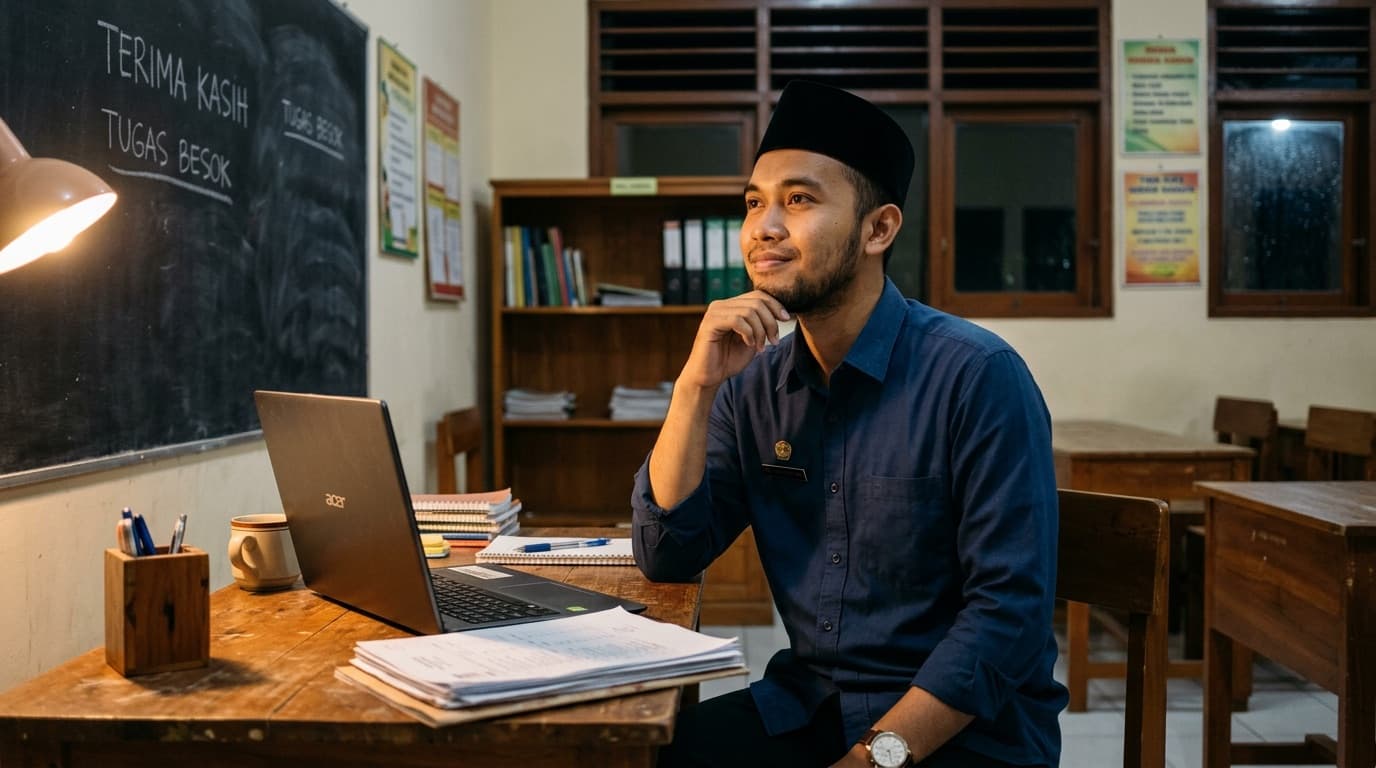 Guru muda merenung sambil menyandarkan tangan di dagu setelah kelas ngaji online selesai di ruangan sederhana