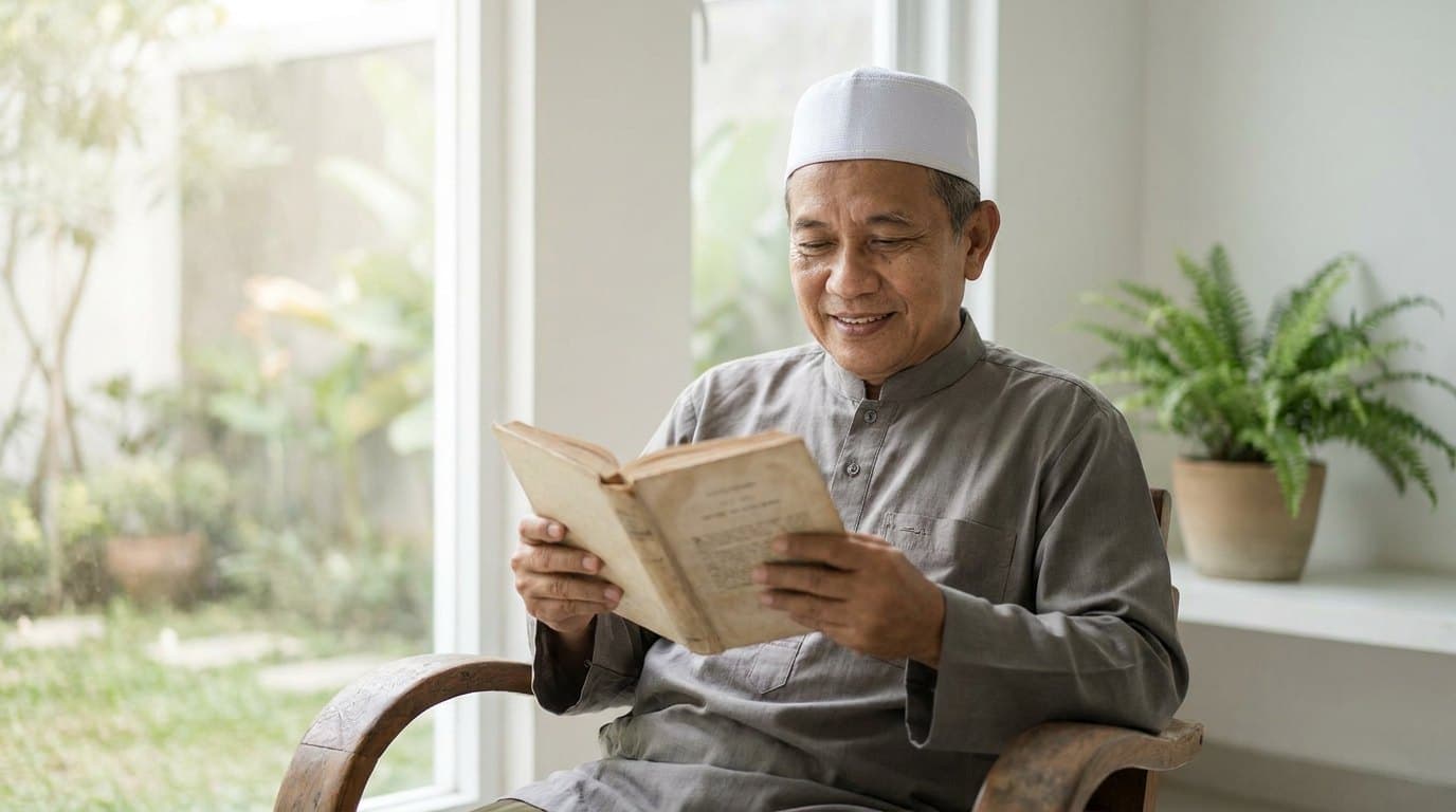 Seorang muslim membaca Al-Qur'an dengan tenang di dekat jendela