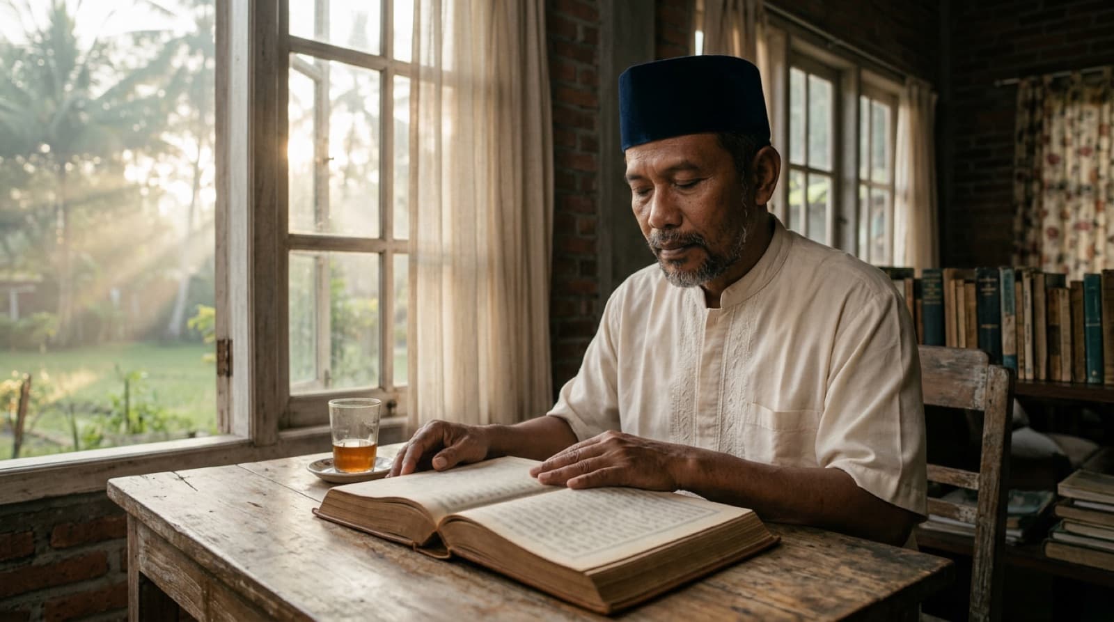 Mushaf terbuka di meja kayu dengan cahaya pagi yang hangat