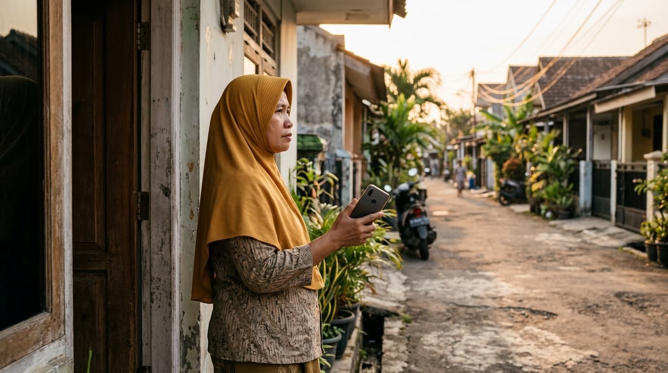 Seorang ibu berdiri di depan pintu rumah memandang jalan perumahan yang sepi di sore hari sambil menimbang pilihan les ngaji