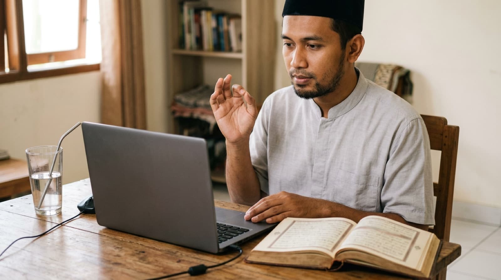 Mushaf terbuka dengan jari menelusuri baris, difoto dari sudut atas