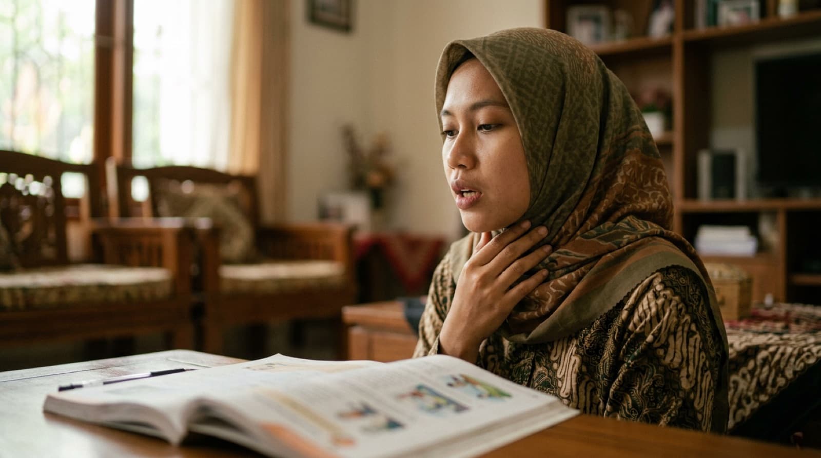 Guru mencontohkan pelafalan huruf kepada murid di kelas online