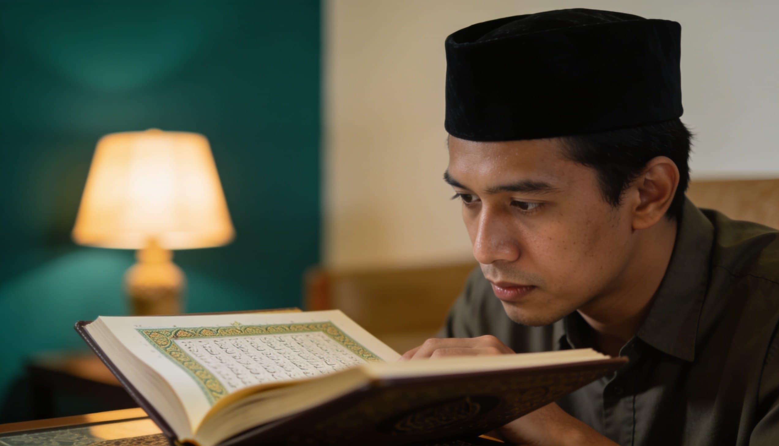 Halaman mushaf dengan harakat yang tampak jelas, difoto dari dekat