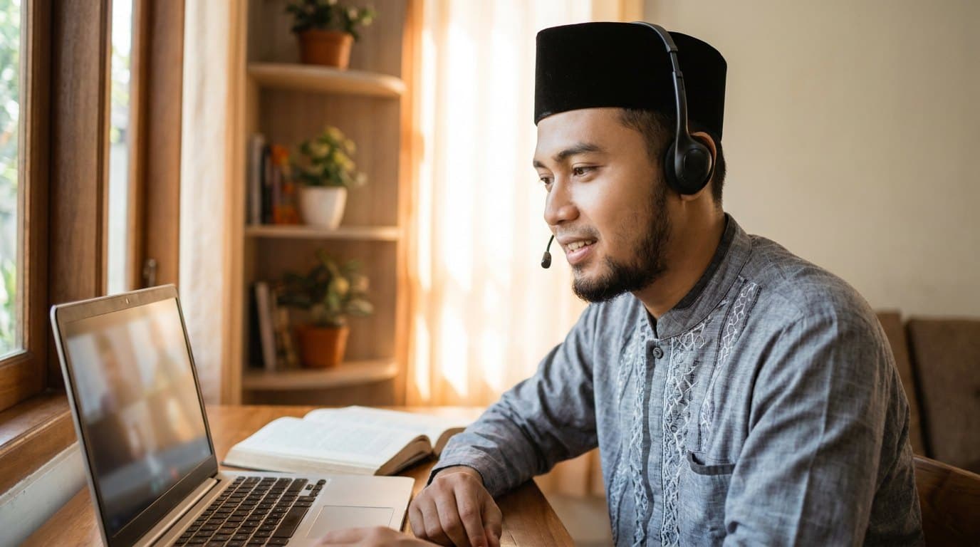 Guru ngaji mengajar online dari rumah melalui laptop