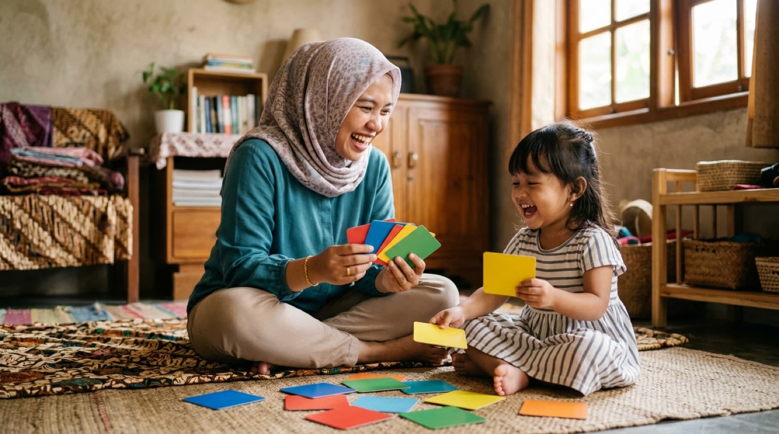 Ibu bermain kartu belajar warna-warni bersama anak usia dini dengan gembira