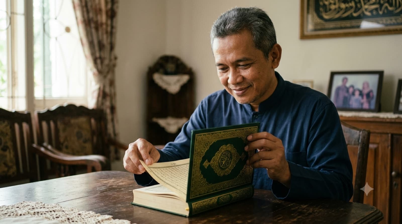 Orang dewasa membuka kembali mushaf lama dengan tenang di rumah