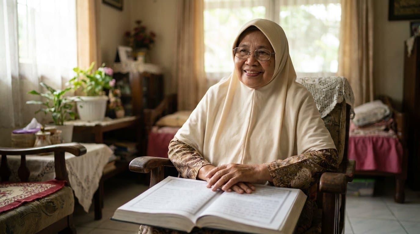 Nenek tersenyum tenang belajar membaca di rumah dengan buku
