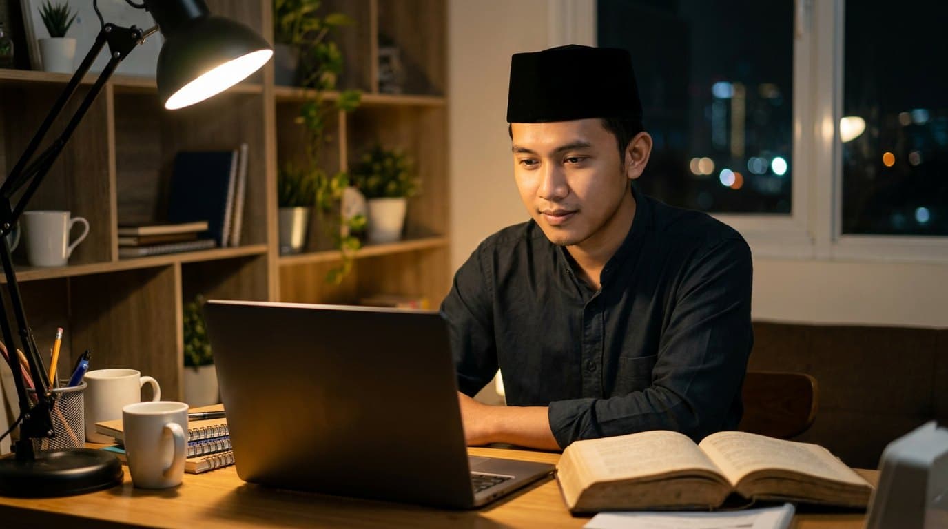 Karyawan muslim belajar ngaji online di sela kesibukan kerja