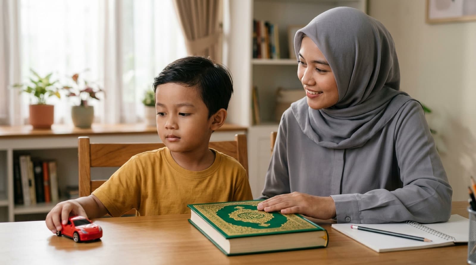 Ibu menemani anak belajar mengaji di meja belajar rumah