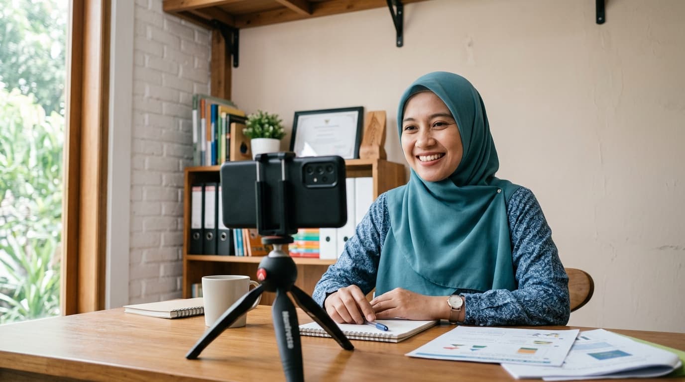 Guru perempuan berhijab duduk tegak dan tersenyum menghadap kamera pada penyangga kecil saat menyiapkan profil pengajar di rumah