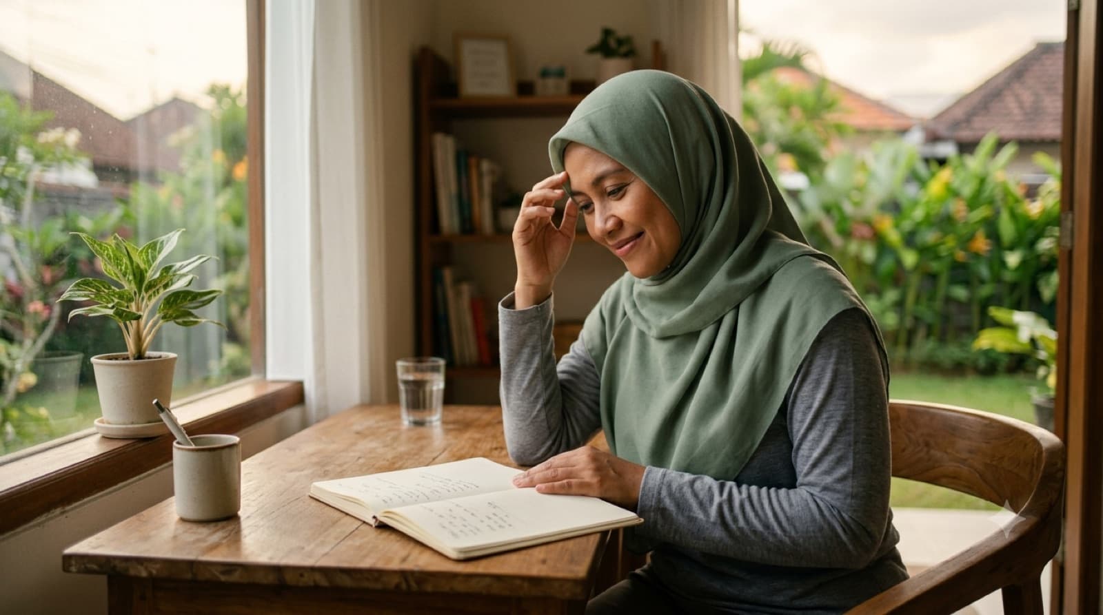 Seorang ibu tersenyum sambil mencoba mengingat latihan di buku catatannya