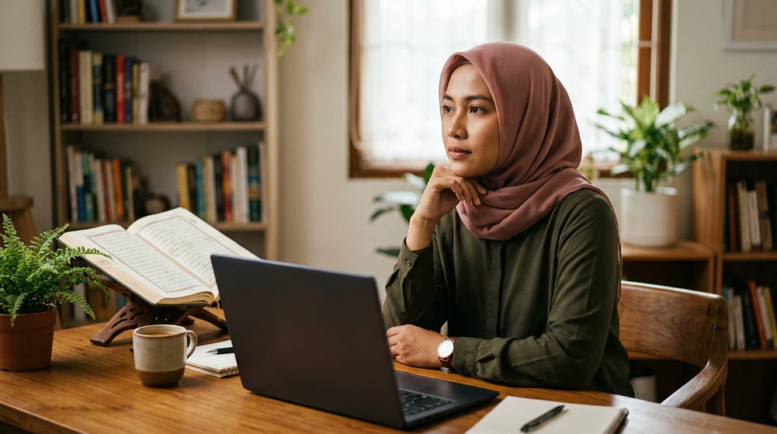 Seorang perempuan berhijab termenung menimbang pilihan di meja belajar dengan mushaf terbuka di atas rehal