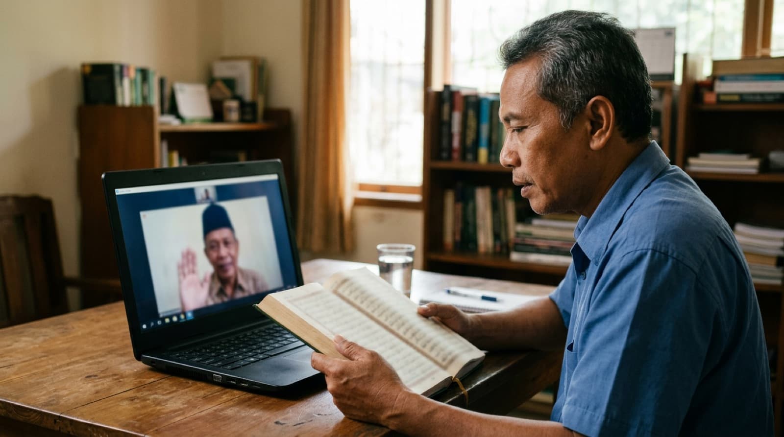 Seorang pria membaca mushaf sementara gurunya menyimak dan mengoreksi lewat kelas online di layar laptop