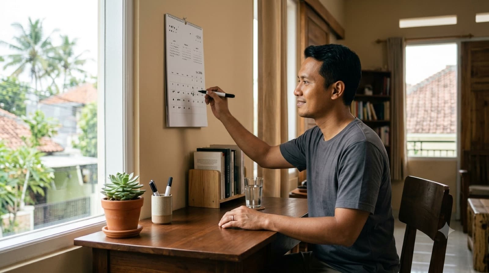 Seorang pria menandai jadwal belajar ngaji di kalender dinding rumahnya
