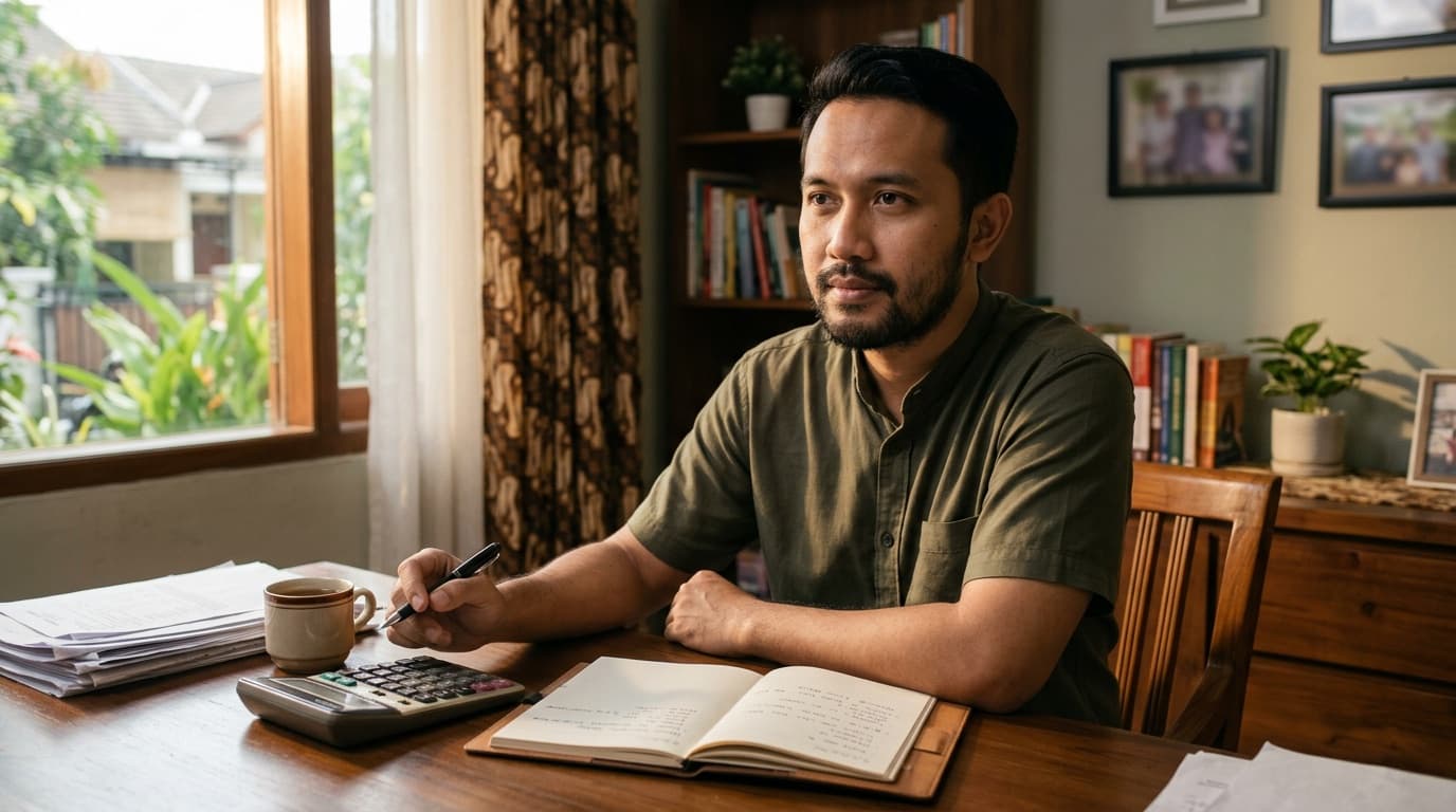 Guru laki-laki menghitung rencana penghasilan dengan buku catatan dan kalkulator sederhana di meja rumah