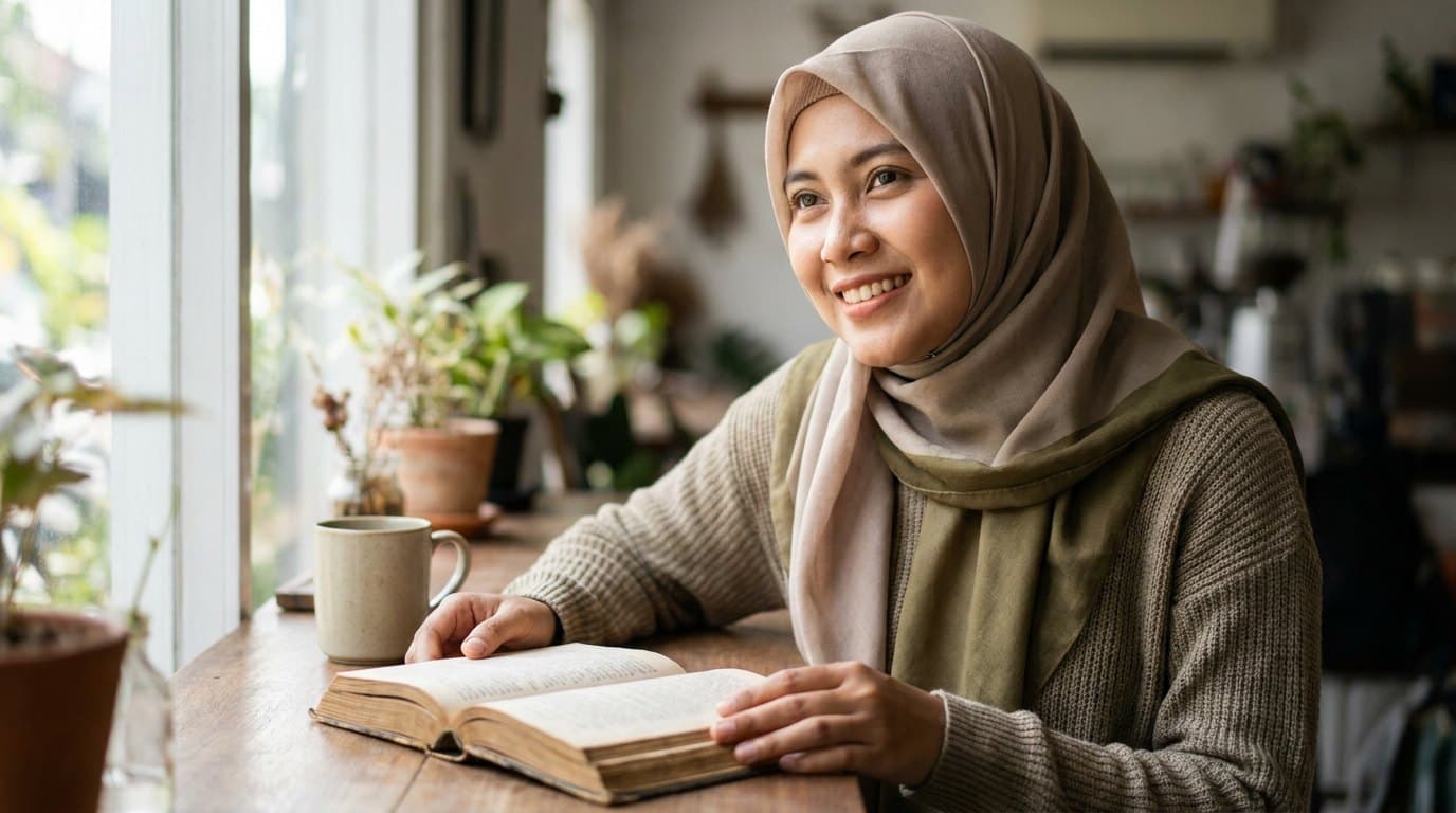 Muslimah dewasa belajar membaca Al-Qur'an dengan tenang dan percaya diri