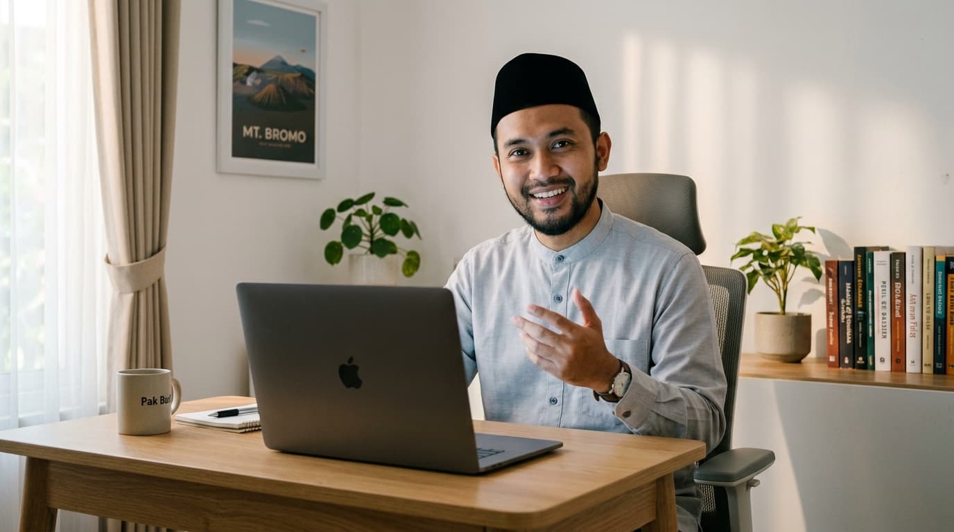 Guru laki-laki tersenyum sambil menjelaskan saat mengajar ngaji lewat kelas online dari meja belajar di rumah