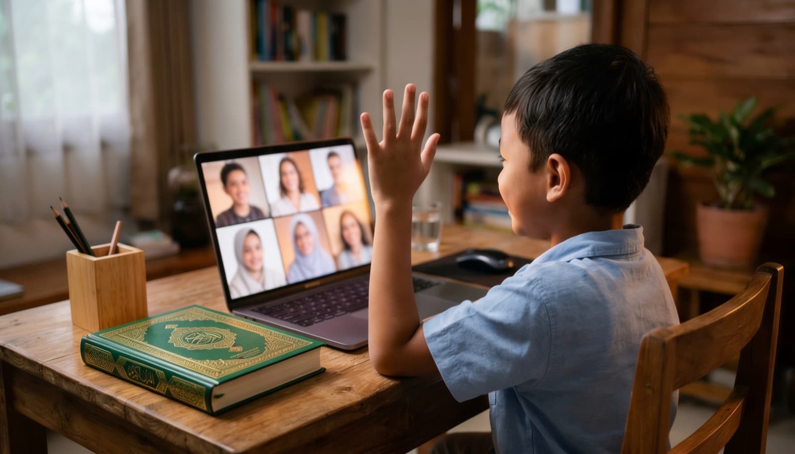 Anak mengikuti kelas mengaji berkelompok dari rumah lewat kelas online