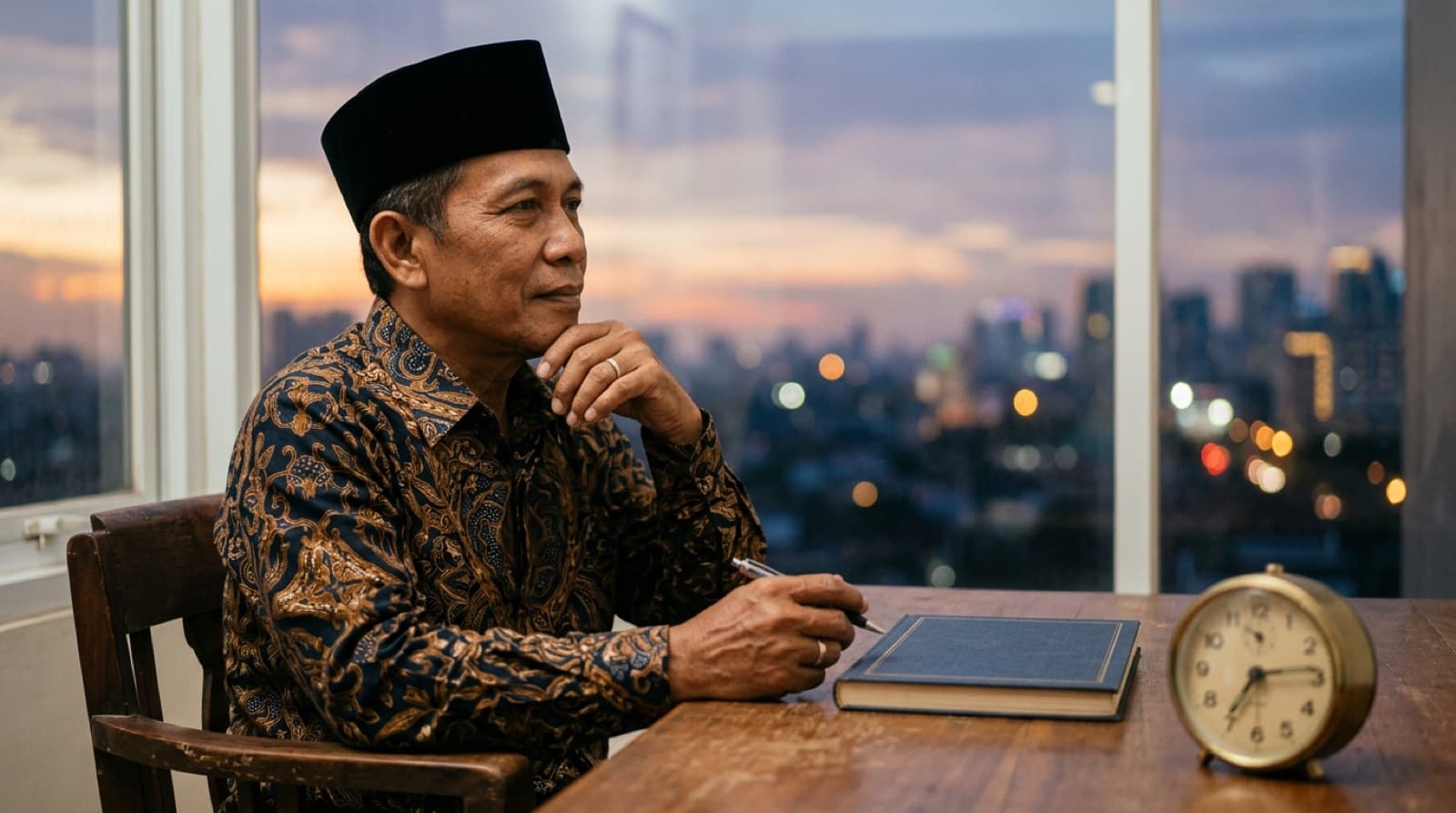 Jam kecil di samping mushaf dan secangkir teh di pagi hari
