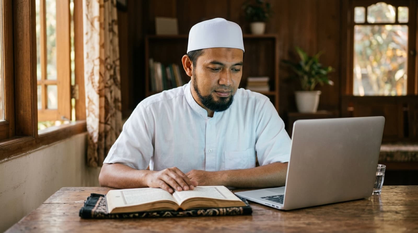 Seorang pria membaca mushaf yang terbuka di atas sajadah terlipat sambil mengulang hafalannya di rumah