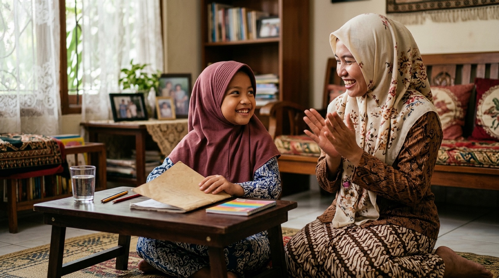 Ibu bertepuk tangan merayakan anak yang menuntaskan bacaan Iqronya
