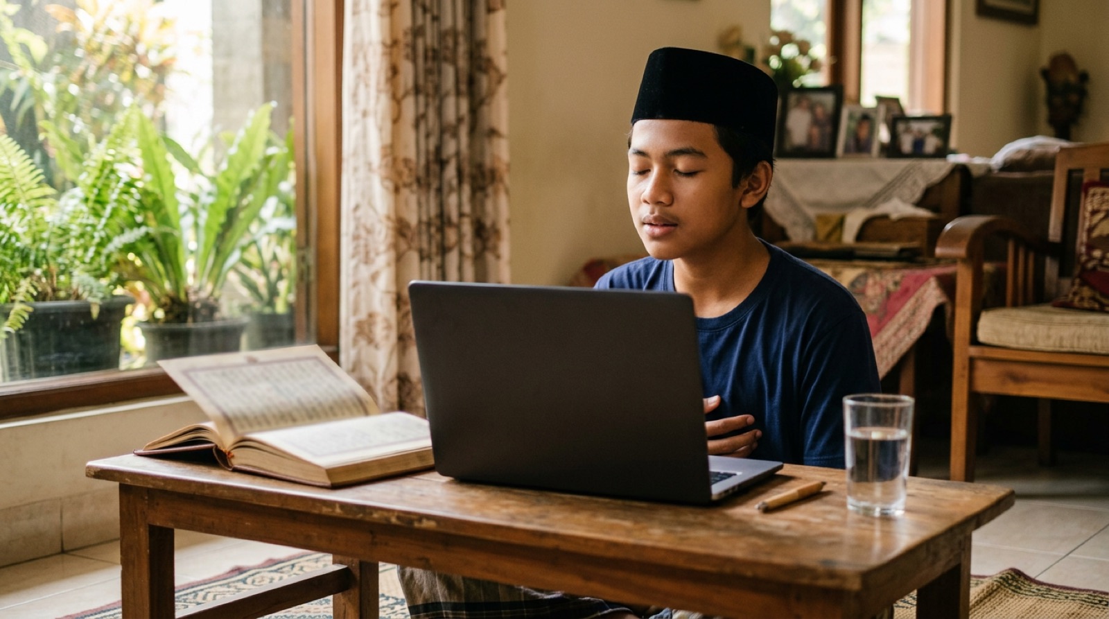 Remaja memejamkan mata melantunkan hafalan di depan laptop dengan mushaf terbuka di sampingnya