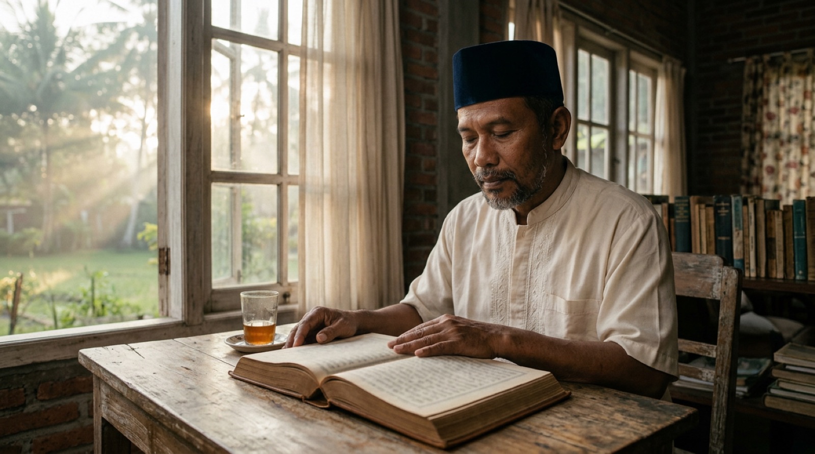Mushaf terbuka di meja kayu dengan cahaya pagi yang hangat