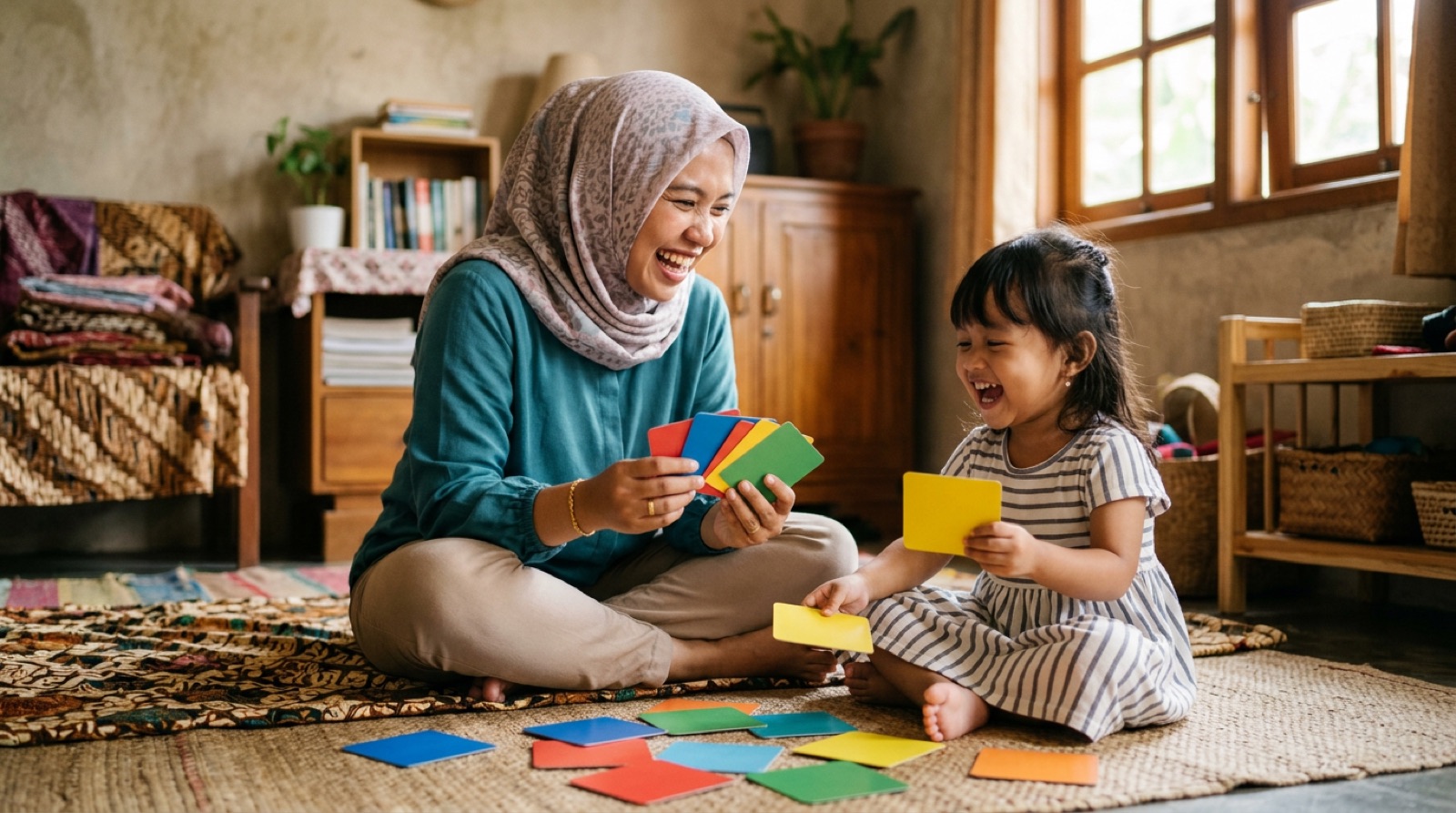Ibu bermain kartu belajar warna-warni bersama anak usia dini dengan gembira