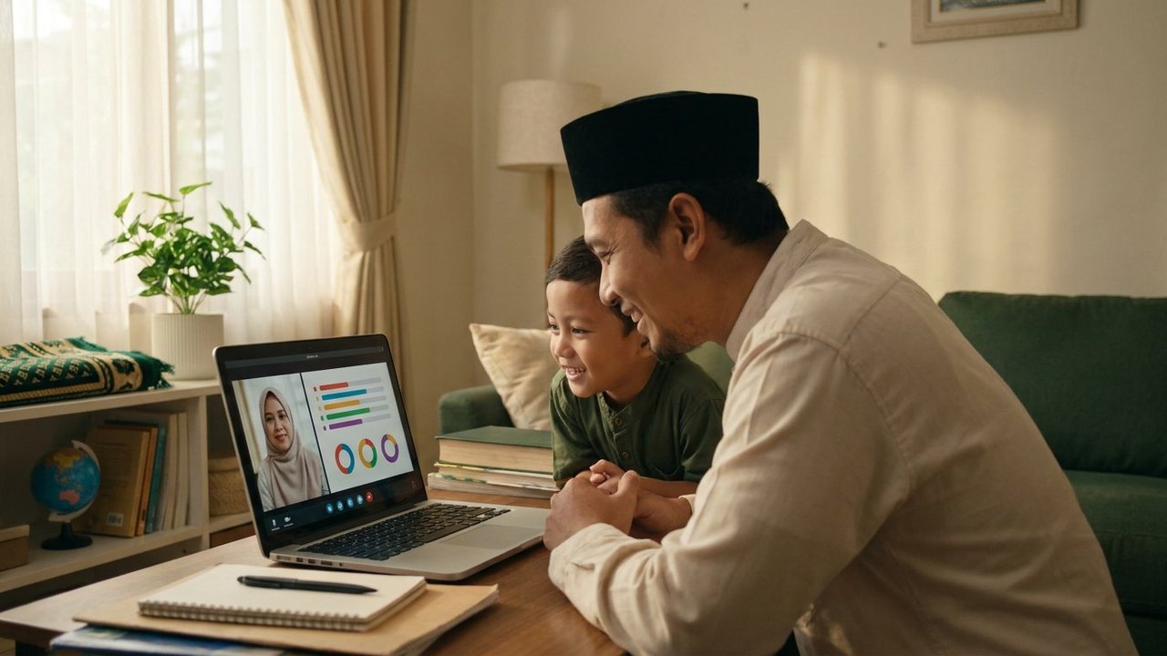 Orang tua menemani anak belajar ngaji online