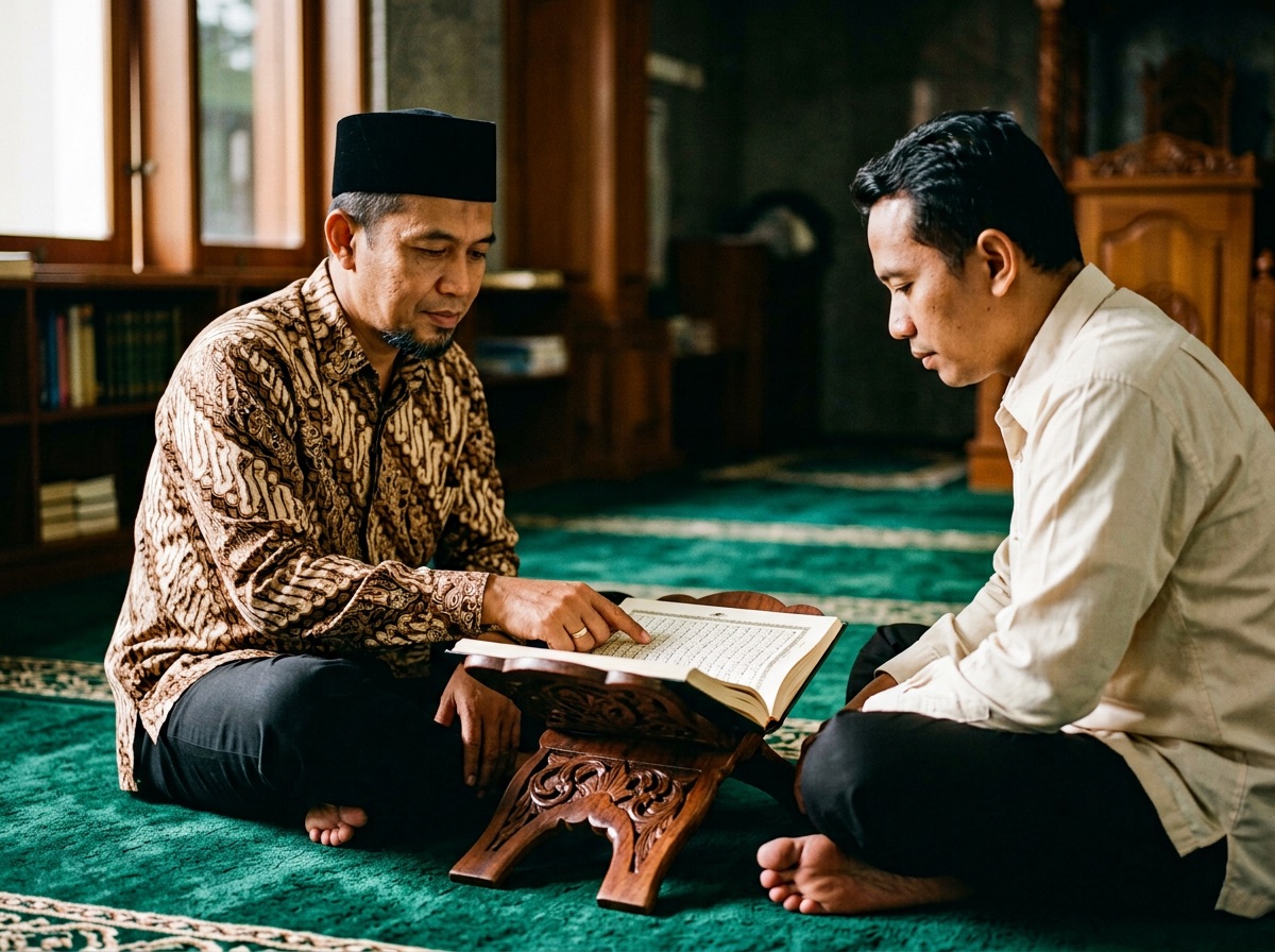 Seorang guru dan satu murid duduk berhadapan belajar mengaji dengan rehal berisi mushaf di antara keduanya