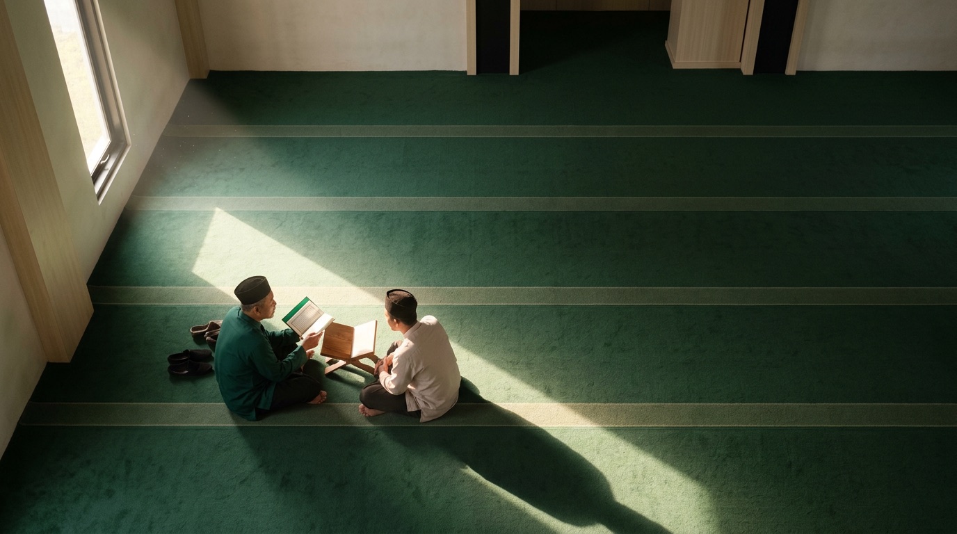 Guru dan murid belajar mengaji bersama di masjid