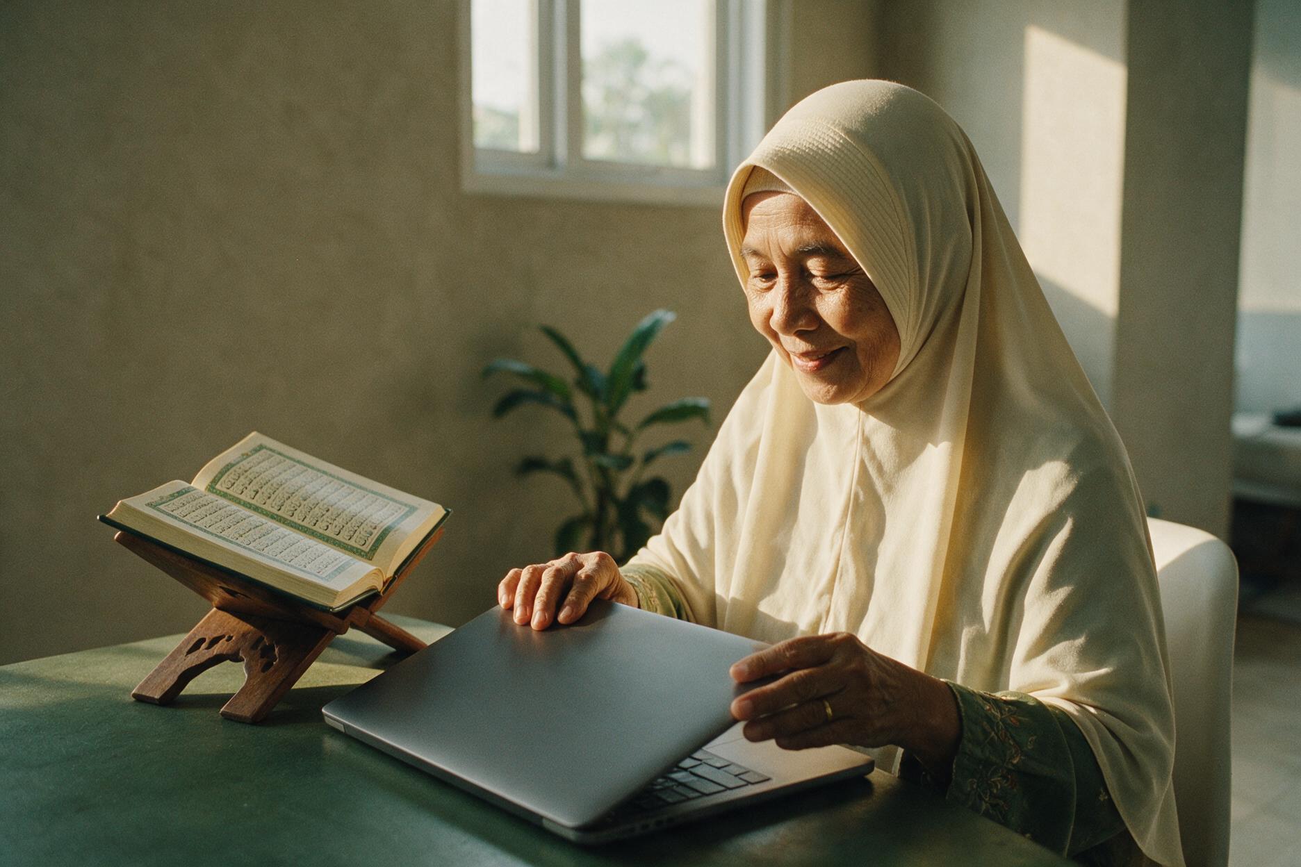 Seorang nenek menutup laptopnya sesudah mengaji, mushaf masih terbuka di rehal.