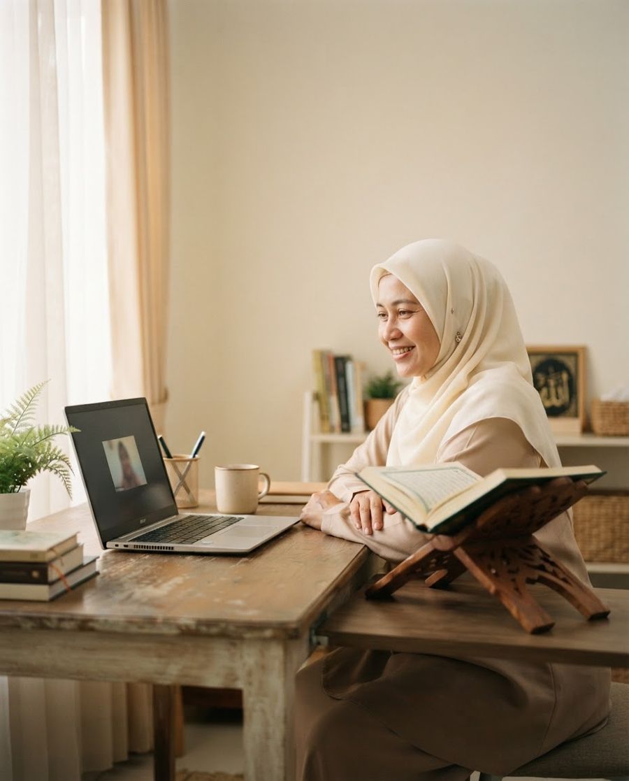 Murid dan guru belajar lewat laptop