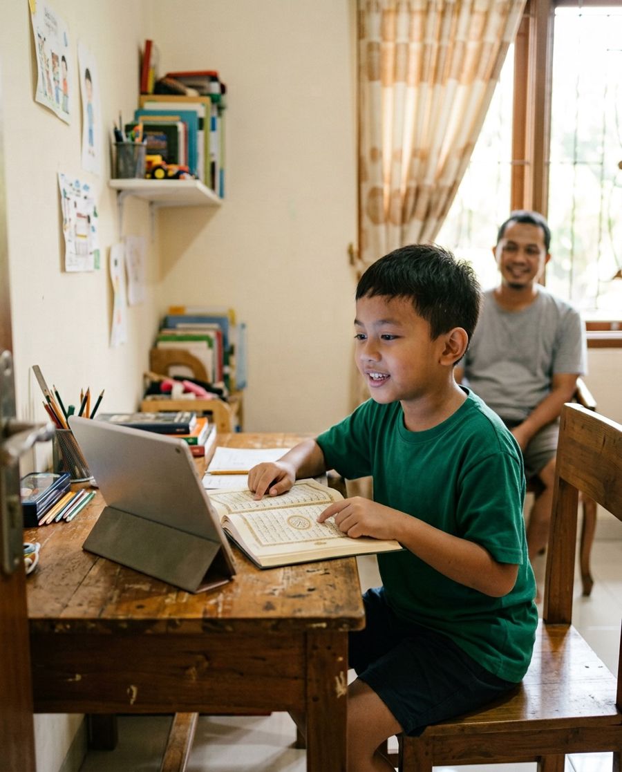 Murid belajar mengaji online lewat laptop