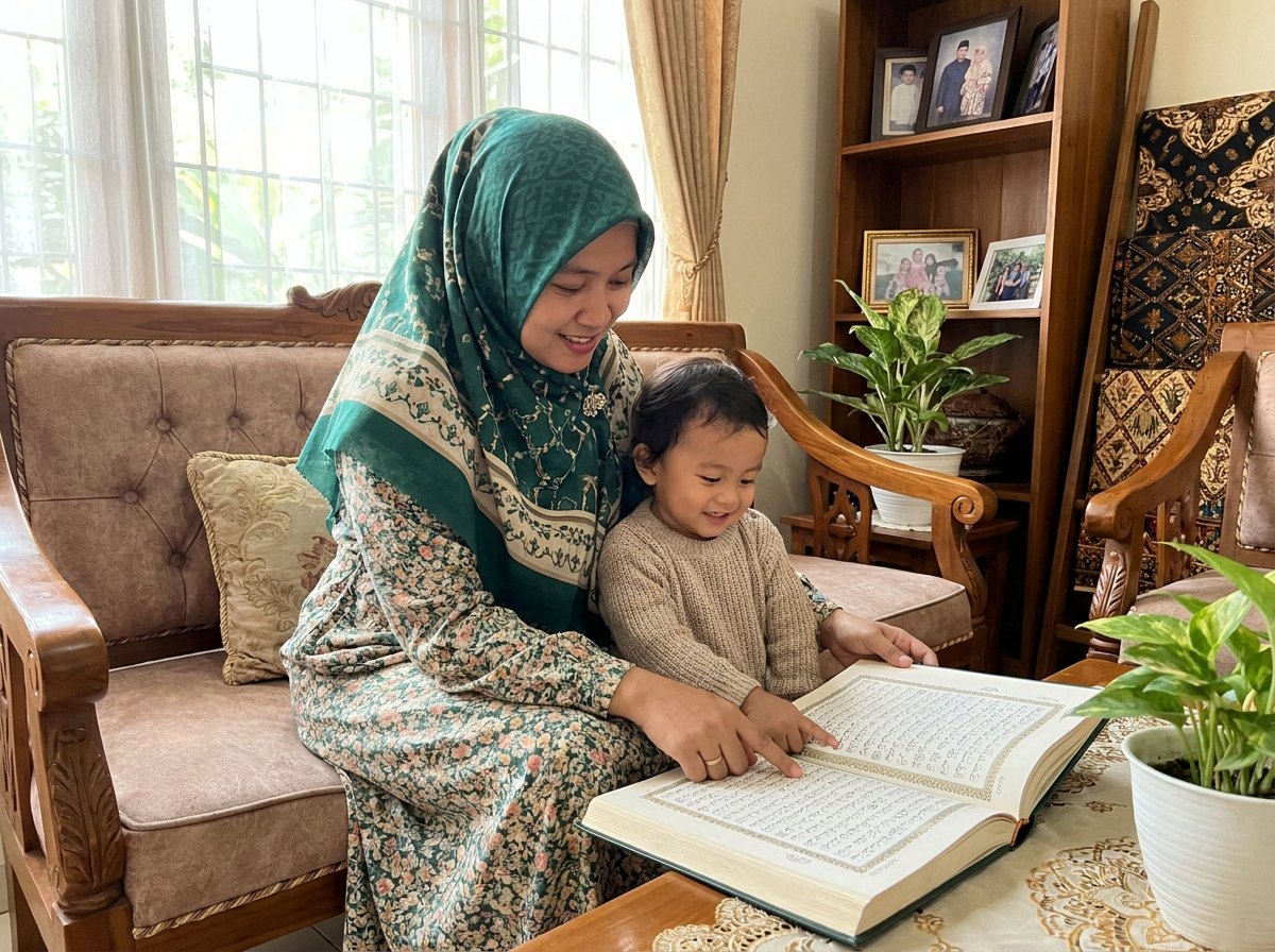 Orang tua menemani anak membaca Al-Qur'an