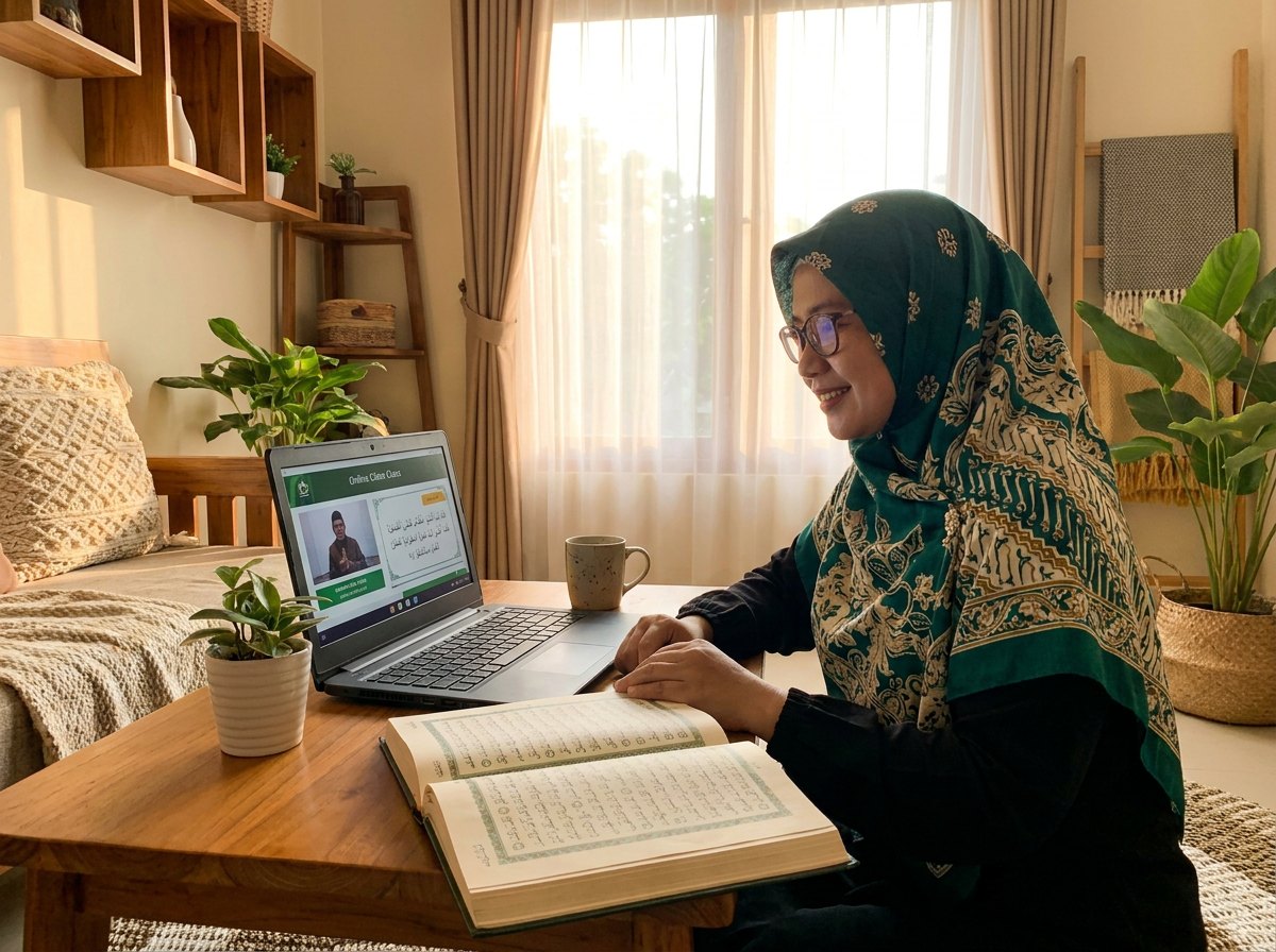 Muslimah dewasa belajar ngaji online dengan tenang