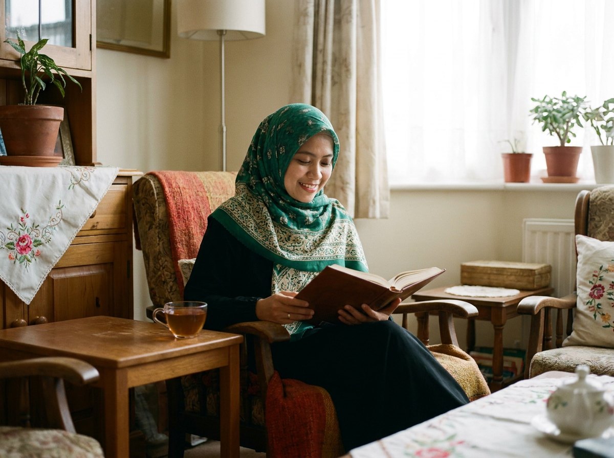 Muslimah dewasa membaca Al-Qur'an dengan tenang